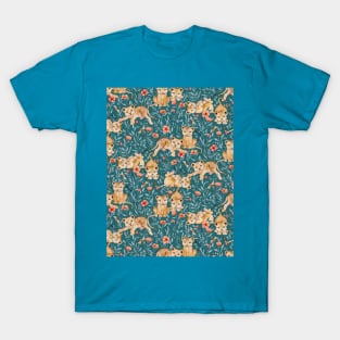 Lion Cub Pairs and Poppies on Deep Teal T-Shirt